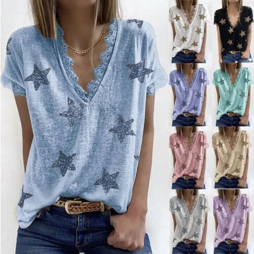 Summer V Neck T Shirt for Women Fashion Print Casual Loose Tops Lace Patchwork Ladies Short Sleeve Tees 2021 Female Clothing