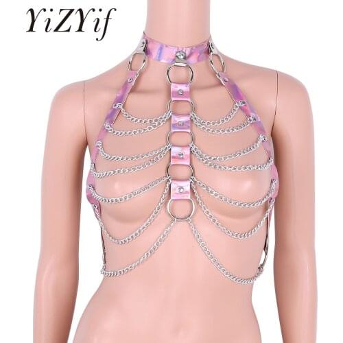 Goth Leather Body Chest Harness Chain Bra Top Chest Waist Belt Witch Gothic Punk Fashion Metal Girl Festival Jewelry Accessories
