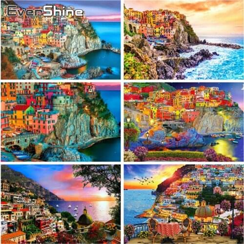 EverShine Diamond Mosaic Landscape Cross Stitch Diamond Painting Seaside Town Rhinestones Art Gift Bead Picture Kits Home Decor