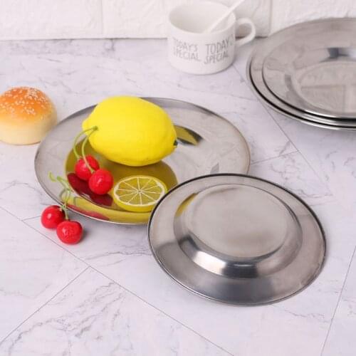 Stainless Steel Round Dinner Plate Dish Tray Food Container Outdoor Camping Picnic Tableware 16-24cm