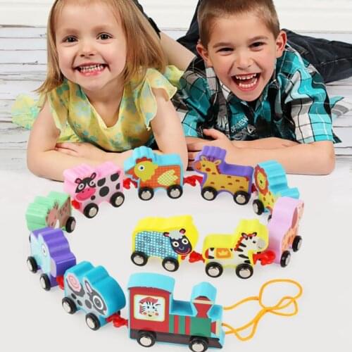 Montessori 11pcs Wooden Small Train Trailer Blocks Toys Kids Vehicle Set Children Learning Color Animal Matching Cognitive Gift