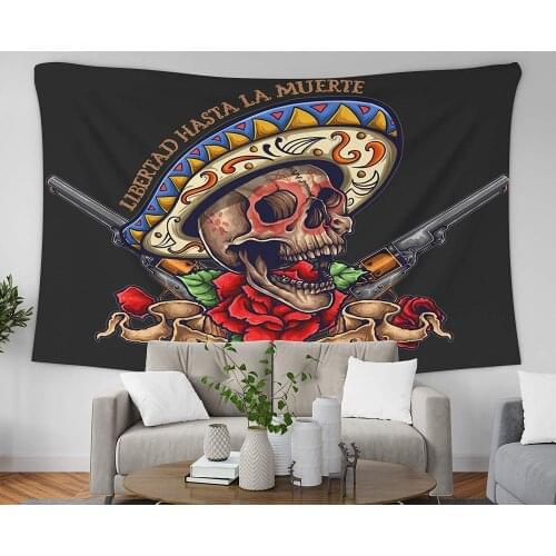 Halloween Day The Dead Skull Banner Roses Revolver Wall Tapestry Hanging