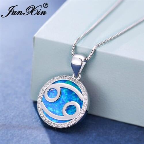 Constellation Cancer Pendant Necklaces For Women White Gold Round Birthstone Blue White Fire Opal Necklace Christmas Day Jewelry
