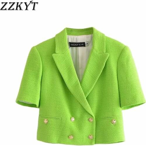 ZZKYT 2021 Women Summer Vintage Double Breasted Solid Tweed Short Jacket Coat Fashion Pockets Outerwear Casual Chic Tops Mujer
