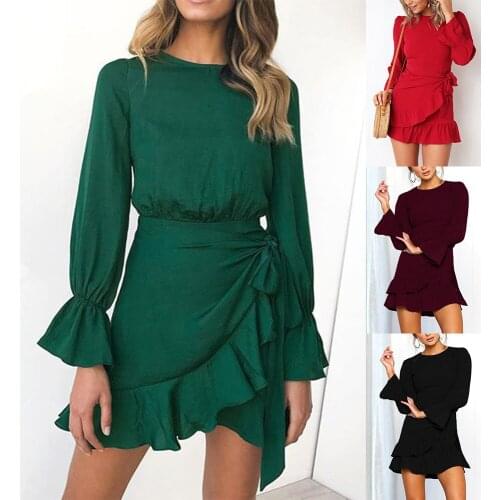 ZHUOFEI casual long lantern sleeve woman dress o neck solid ladies cloth above knee mini streetwear for female