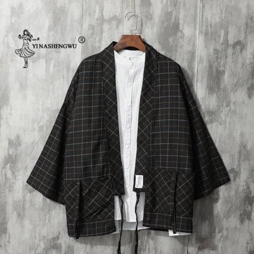Japanese Kimono Retro Lattice Yukata Coat Men T-shirts Japan Long Sleeve Haori Cardigan Top Shirt Asian Traditional Robe Costume