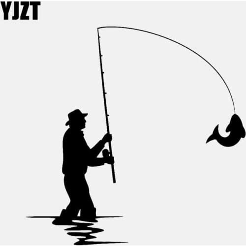 YJZT 15.5CM*15.5CM Vinyl Decal Fishing Rod Fisherman Silhouette Fish Car Stickers Black/Silver C24-0822
