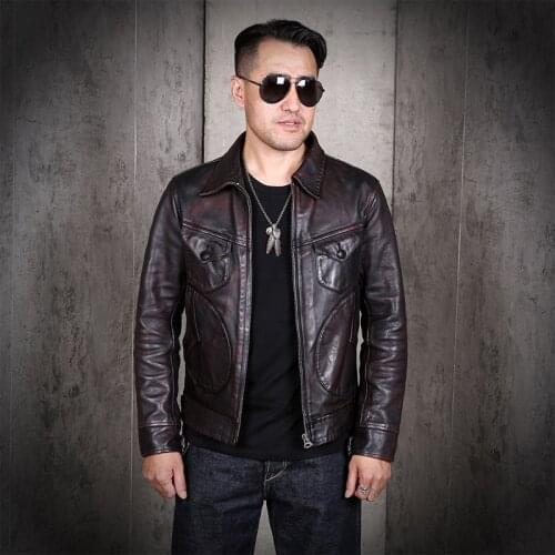 YR!Free shipping.2021 new biker clothes.Classic vintage style genuine leather coat.men high quality tea core horsehide jacket