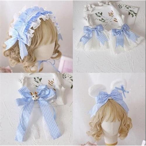 Sweet Blue Plaid Lolita Hair Band Hairpin Lace Bow Headband Cosplay Hair Clip Accessories B1529