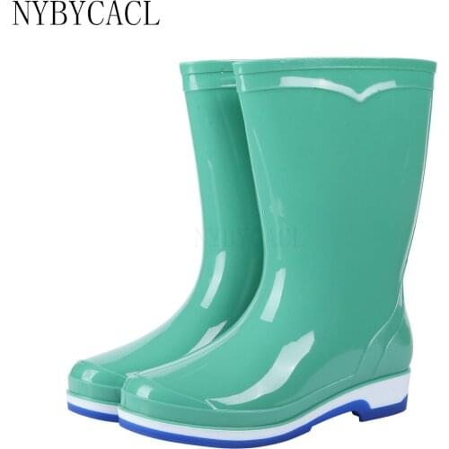 Women Solid Color Mid-Calf Rain Boots PVC Waterproof Water Shoes Wellies Comfortable Non-Slip Rainboots Woman Rubber overshoes