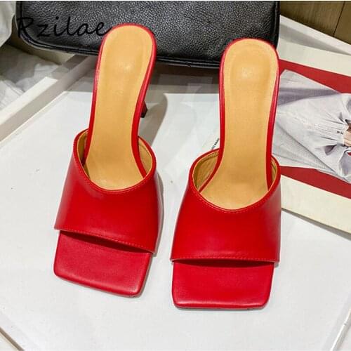 Pzilae 2020 New ladies vintage square toe summer high heel slippers fashion women slip on slides summer beach shoes mules