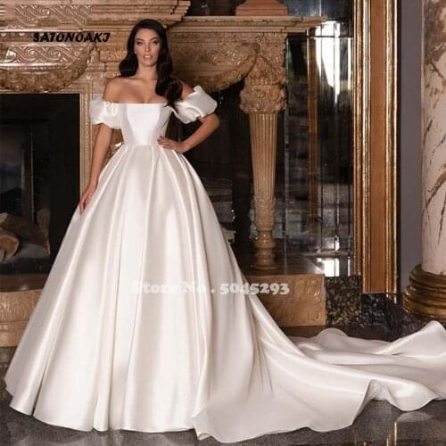 2021 Elegant Off The Shoulder Satin Wedding Dresses Short Puffy Sleeves A-Line Princess Bridal Gown With Train Vestido De Novia