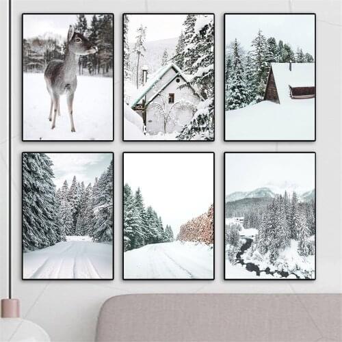 Christmas Winter Landscape Pine Forest Snow Elk Wall Art Canvas Painting Nordic Prints Scandinavia Picture For Living Room Decor