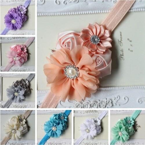 1PCS Newborn Christmas Satin Rose Flower Headband Shabby Chic Vintage Rhinestone Pearl Button Headband children min order $3