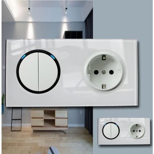 146 Type 2 gang 2 way Crystal Tempered Pure Glass Panel 13a Double Eu Germany Standard Wall Power Socket Grounded white