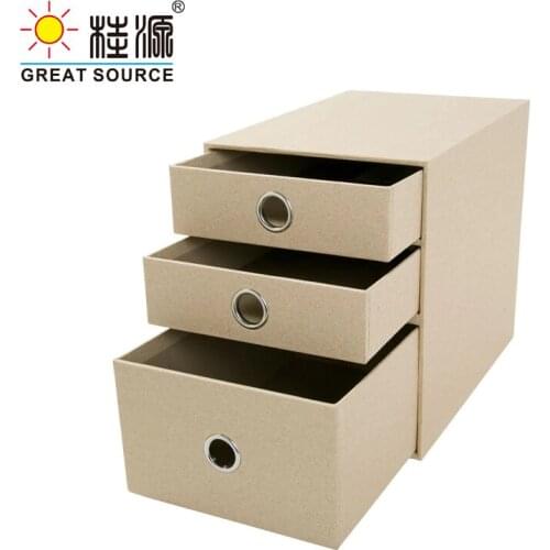 3 Layers Storage Cardboard Cabinet Office Desk Top Organizer Home 3 Drawers Cabinet Beige Faux Linen Natural Wood Paper(2PCS)