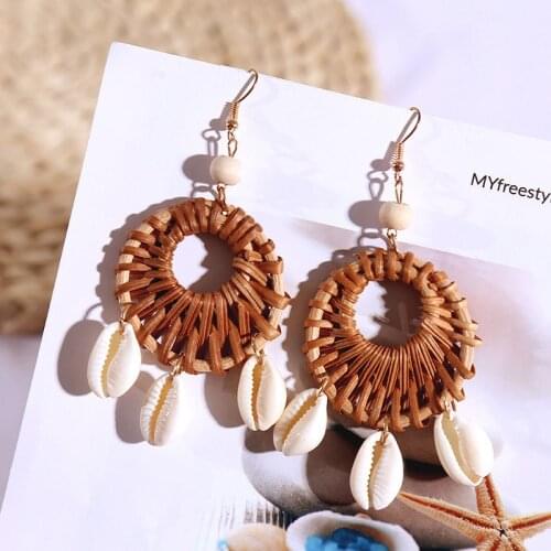 Bohemian Handmade Round Vine Rattan Knit Drop Earrings For Women 2019 Fashion Boho Natural Shell Hanging Earring Jewelry Gifts