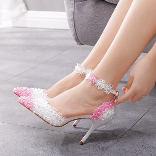 Women Thin Heel Sandals Pointed Toe High Heels White Blue Lace Wedding Shoes Pointed Toe Lace Flower Pearls Pumps