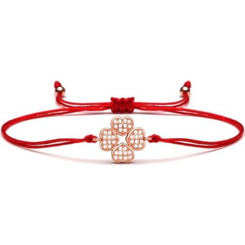 Rose Gold Brass White Cubic Zirconia Stones Four Love Heart Clover Charm Bracelet For Women Red Black Cord Macrame Jewelry Gift