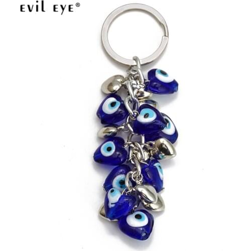 EVIL EYE Glass Blue Turkish Evil Eye Bead Keychain Alloy Silver Color Ring Key Chain Holder Fashion Jewelry for Women Men BE253