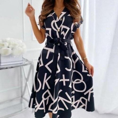 Elegant And Sexy V-neck Short-sleeved Lace-up Shirt Waist Waist Letter Print Short-sleeved Dress 2021 Spring And Summer Women