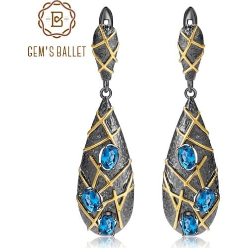 GEMS BALLET Natural London Blue Topaz Earrings 925 Sterling Silver Handmade Cross Lines Drop Earrings For Women Fine Jewelry
