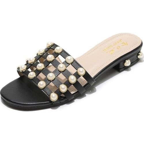 New Summer Hollow Pearl Leather Slippers Flat Beach Ladies Office Casual Sandals Home Outdoor Mu Jie Slippers Leather Rome XL