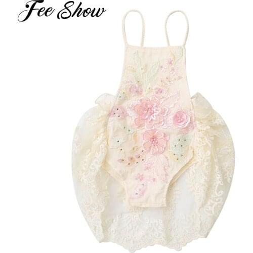 Newborn Baby Girls Lace Flower Romper Vintage BoHo Backless Princess Jumpsuit 1st Birthday Clothes Baby Girl Photography Props