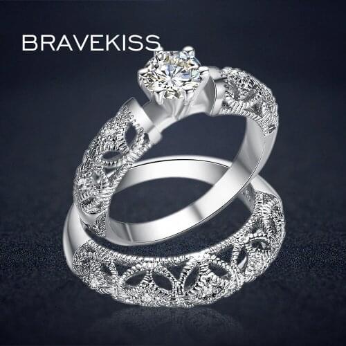 BRAVEKISS Vintage Crystal Bridal Ring Set for Women Lover Filigree Wedding Band Carved Fashion Ring Sets Double Rings BUR0130