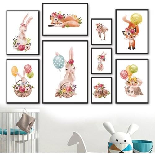 Deer Rabbit Fox Flower Balloon Cartoon Wall Art Canvas Painting Nordic Posters And Prints Wall Pictures Baby For Bedroom Decor