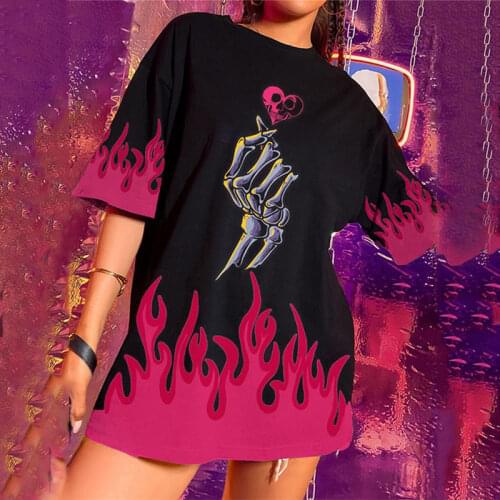 Flame Skull Heart Print Oversized T Shirt Women Summer Black Loose Short Sleeve Tee Shirt Femme Vintage Harajuku Tshirts Tops