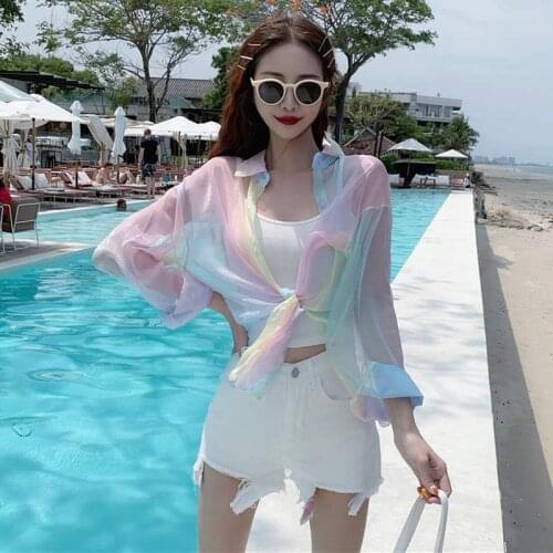 Rainbow Reflective Summer Women Blouses Shirt Chiffon Thin Sexy Ladies Female Holographic Kimono Beach Shirts Sunproof Tops Chic