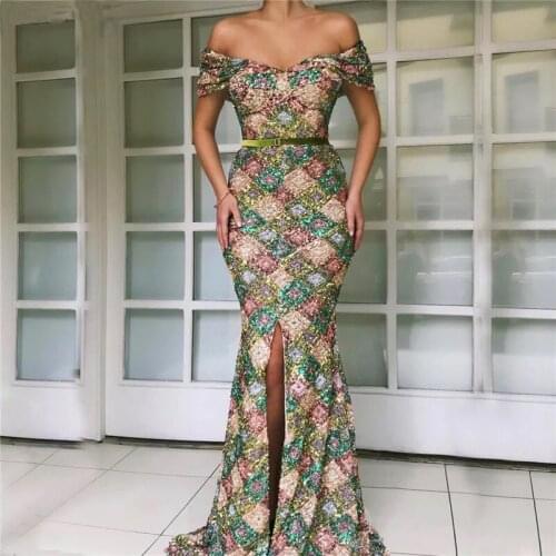 Luxury Off Shoulder Sleeveless Sexy Evening Dresses 2020 Multicolored Sequins Sparkle Formal Party Gowns