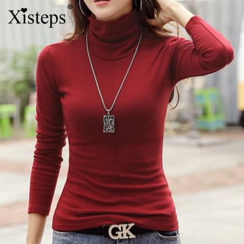 Xisteps New Autumn Turtleneck Thick Warm Tops For Women Casual Slim Fit Solid Color Under Wear T Shirt Clothes Plus Size