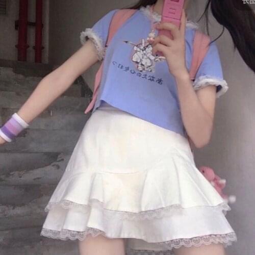 Japanese preppy style cute lace skirt Woman summer Japanese sweet pleated skirt y2k Harajuku high waist solid ruffled mini skirt