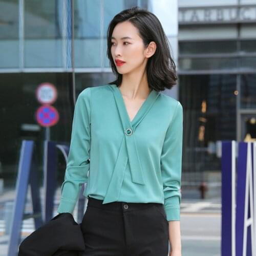 IZICFLY Autumn Spring New Style V-Neck Green Shirt Women Slim Casual Office Elegant Fashion Korean Blouse Work Wear