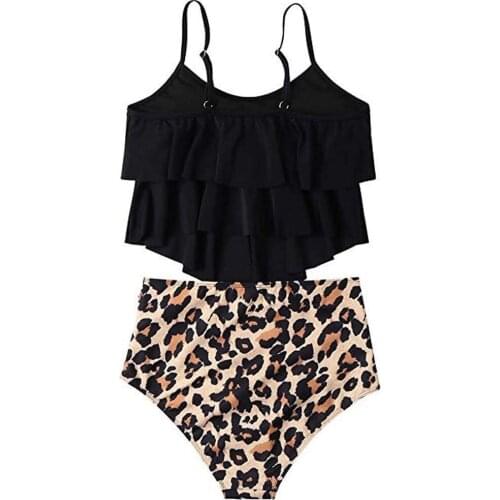 Women High Waisted Ruched Bottoms Two Piece Swimsuits Double Tiered Ruffle Flounce Top Bikini Set Spaghetti Straps Bathing Suits