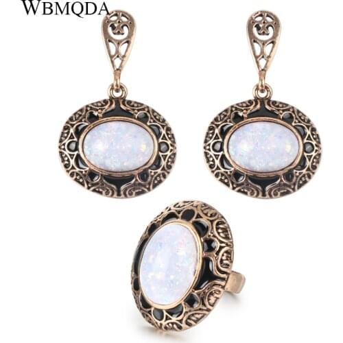 2 Pcs/lot Vintage Big Opal Stone Ring Earrings For Women Black Enamel Antique Gold Jewelry Sets Bohemian Jewellery