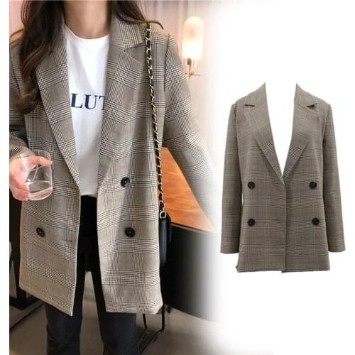 Vintage Fashion Womens Plaid Collar Slotted Tops Autumn Temperament Professional Slim Jacket Long Sleeve Office Lady Blazer