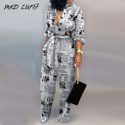 Headline Print Tied Waist Long Sleeve Rompers Women Jumpsuit V-neck Casual One Piece Overalls Jumpsuit Streetwear