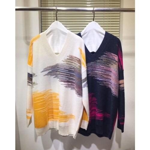 2020 Autumn Runway Fashion Cashmere Sweater Women V-Neck Long Sleeve Striped Color Patchwork Popular Sweaters