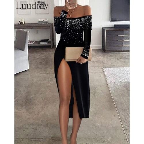 Women Elegant Sparkling Studded Off Shoulder Side Split Party Dress