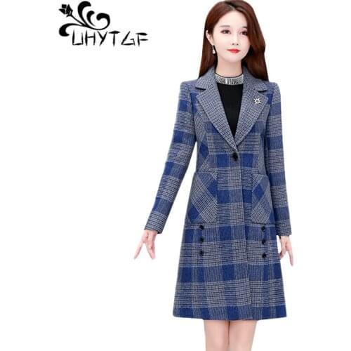 UHYTGF Genuine Autumn Winter Wool Coat Women Fashion Plaid Quality Female Outerwear Mid-Length Casual 4XL Plus Size Jacket 1334