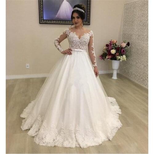 Modest Long Sleeve Wedding Dresses 2021 vestidos de novia Applique Lace Wedding Gowns A Line Custom Made Bridal Dress