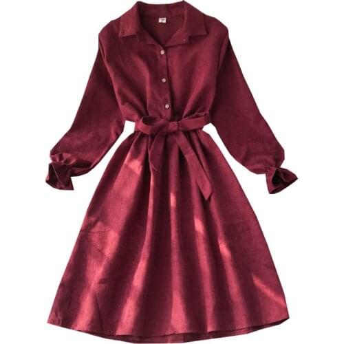 2020 Spring Autumn Korean Female Vintage Solid Dress Slim Long-sleeve Turn down collar Ladies Dress Casual A-line Dress Women