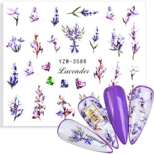 1pcs Lavender Flowers Geometric Lines Nail Water Decals Spring Simple Theme Floral Leaves Watermarks Sticker Nail Art Decoration