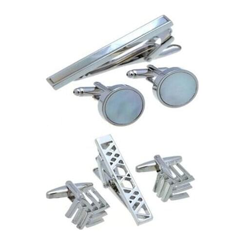 5sets/lot Classic Round Sea Pearl Shell Cufflinks+Tie Clip Set Creative Hollow Design Tie Clip Pin&Cuff Link Set Mens Jewelry