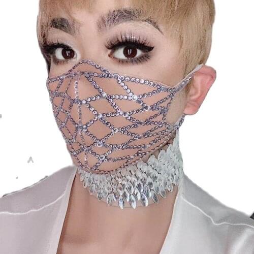 Shiny Costume For Women Face Mask Rhinestones Pattern Decoration Ladies Nightclub Performance Clothing Theatrical Costume Women