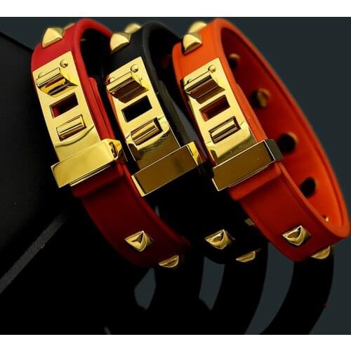 Hot Brand Stainless Steel Rivet Bangle Black Red Orange Color Real Cowhide Leather Bracelets For Men Women