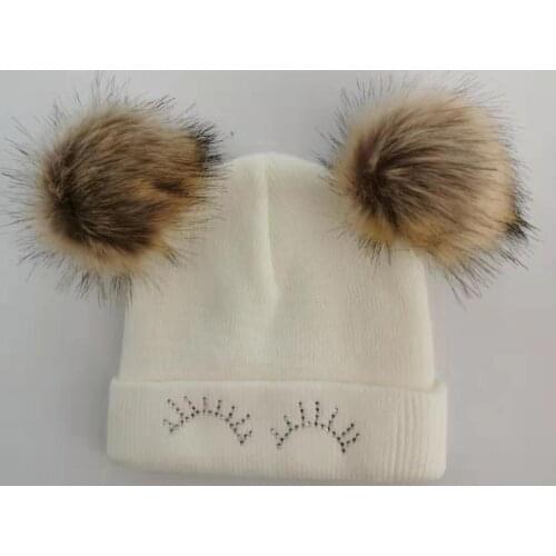 Childrens winter infant newborn baby kids faux fur wool hat cap beanie with eye 2 double pom pom beanie for boys and girl props